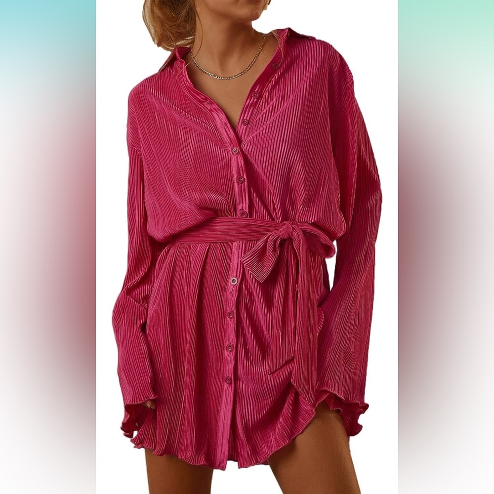 NUFIWI Women Pleated Long Sleeve Mini Shirt Dress Ruffle | Size M